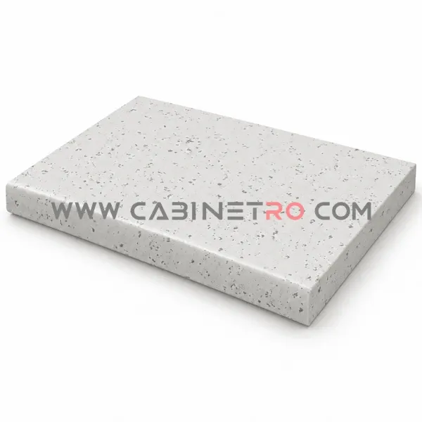 نمای زاویه‌دار صفحه کابینت سفید شنی  مات با ضخامت ۳۲ میلی‌متر و گردی لبه ۵ میلی‌متر کابینت رو