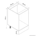 نقشه فنی ابعاد کابینت زمینی سفید سه کشو با کشوی عمیق عرض ۶۰ سانتی متر کابینت رو